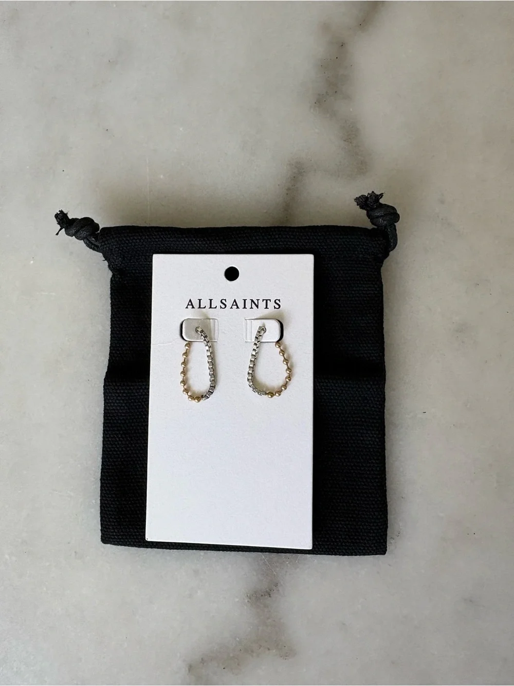 AllSaints Box Chain Two Tone Ball Earrings Warm Brass Mix New With Tags - Picture 2 of 11